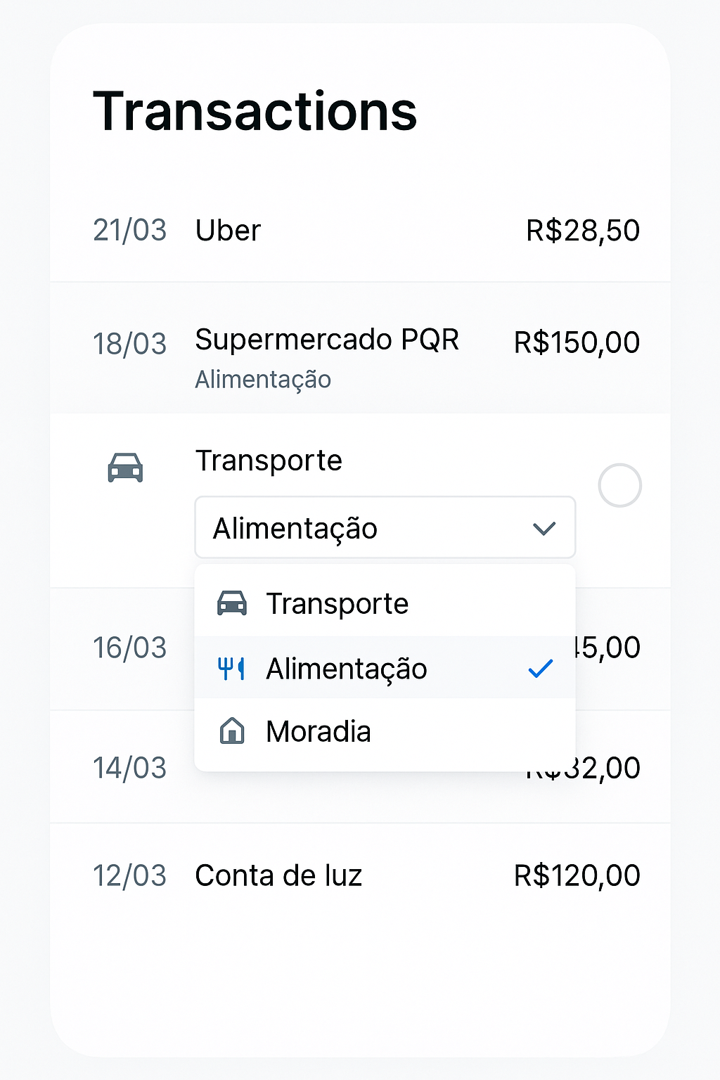 Interface do SpendWise mostrando lista de transações categorizadas